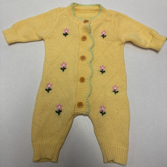 Source Unknown Other - Baby Girl Yellow Knit Romper Floral Embroidered Button Front One Piece Outfit